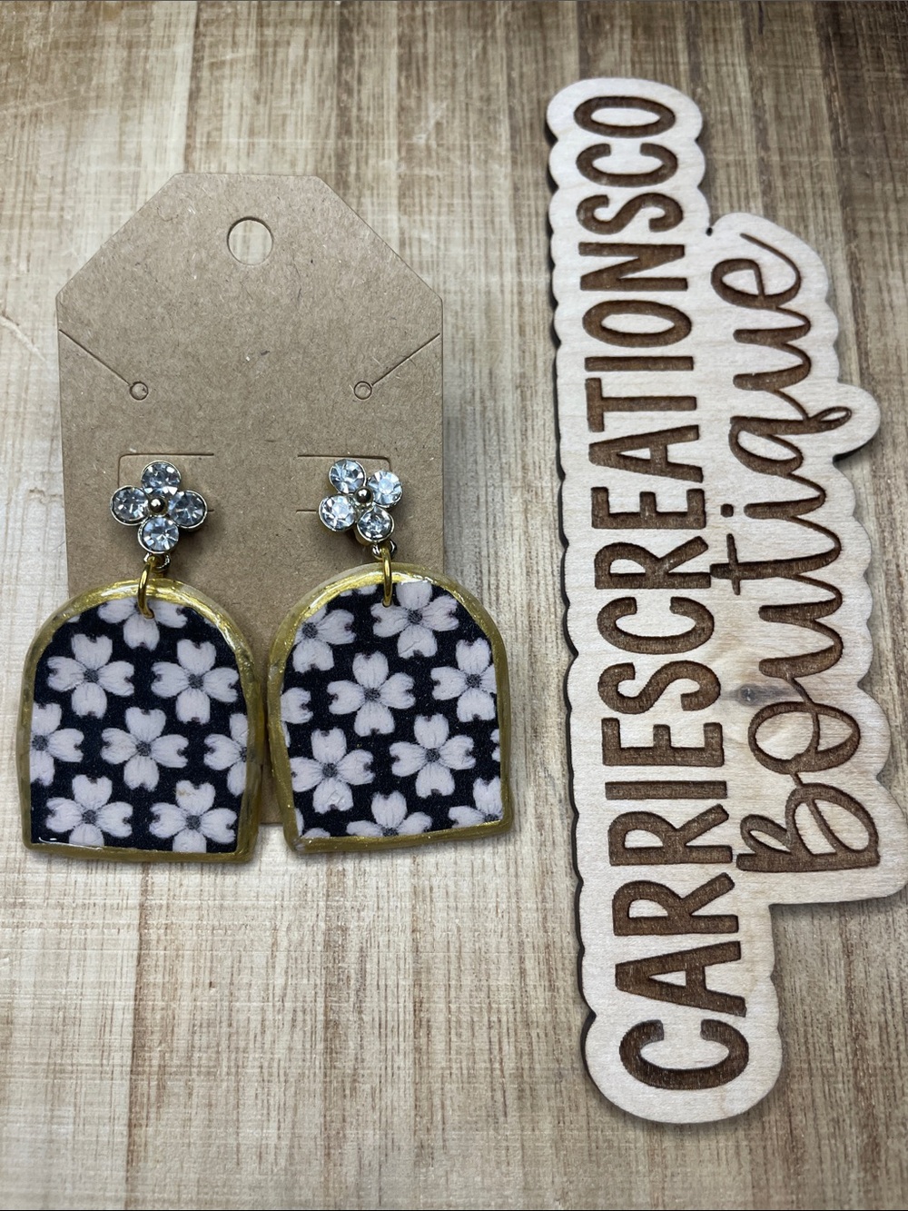 Floral Arch Drop Earrings with Rhinestone Studs - Black & White